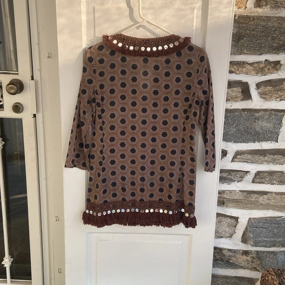 Tory Burch Brown tunic top with MIRROR CIRCLE TRIM AROUND NECK & Bottom size 2 - Picture 5 of 15